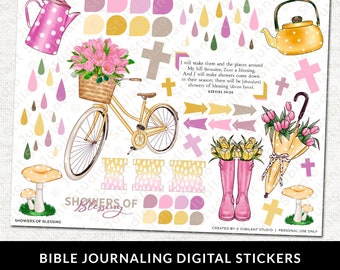 May include: Digital stickers for Bible journaling featuring a bicycle with a basket of pink tulips, a teapot, rain drops, mushrooms, a cross, an umbrella, rain boots, and the text "Showers of Blessing" and "Ezekiel 34:26".