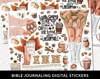 May include: Digital stickers for bible journaling featuring a woman holding a cup of coffee with the text "With Jesus in her heart and a coffee in her hand she's unstoppable". The stickers also include coffee cups, coffee beans, cinnamon sticks, and other fall-themed elements.