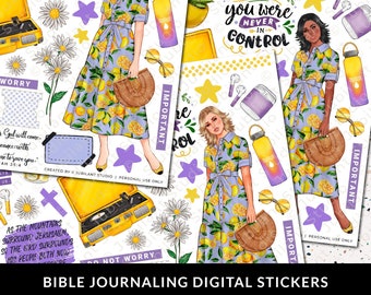 May include: Digital stickers for bible journaling featuring illustrations of women in lemon print dresses, a record player, a water bottle, and text that says "Relax, you were never in control" and "You were never in control".