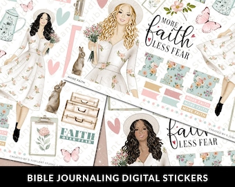 May include: A set of digital stickers for bible journaling featuring illustrations of women, flowers, bunnies, suitcases, and text that says "Faith over Fear" and "More Faith Less Fear".