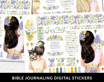 May include: Digital stickers for Bible journaling featuring floral designs, girls with flower crowns, and inspirational text. The stickers include text from Hebrews 11:1 and 1 Peter 1:3-4, with a theme of faith and hope. The stickers are designed for creative journaling.