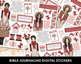 May include: Digital stickers for bible journaling. The stickers feature illustrations of women in red and white plaid shirts, a dog, flowers, and a heart. The stickers also include the text "A woman of value is incomparable" and "She is more precious than rubies, and all the things you can desire cannot compare with her."