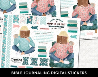 May include: Digital stickers for bible journaling featuring illustrations of women reading books. The stickers include quotes about the word of God and the importance of reading the Bible. The stickers are in a teal, pink, and white color scheme.