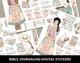May include: Digital stickers for bible journaling featuring illustrations of women in dresses with floral patterns, text that says "We are called to love like Jesus", and other bible verses.