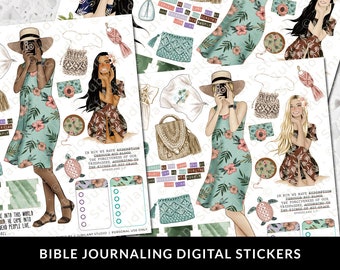 May include: Digital stickers for bible journaling featuring illustrations of women in various poses, including holding cameras, wearing floral dresses, and sitting on the beach. The stickers also include various accessories, such as bags, hats, and flowers. The stickers are designed in a whimsical style with bright colors and intricate details. The text "Bible Journaling Digital Stickers" is included at the bottom of the image.