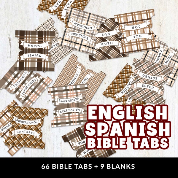 Boho Plaid Eng-SPA Bible Tabs, Natural, Printable Bible Journaling Stickers, Digital Files, 66 Books | High Resolution | Instant Download