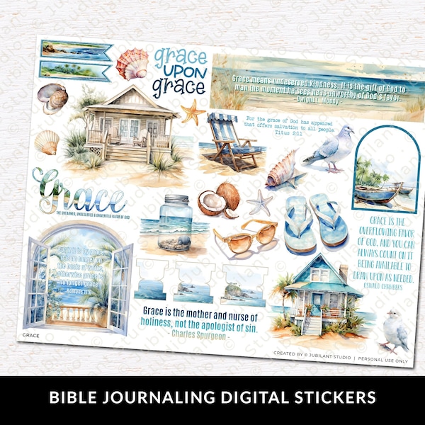 Grace Bible Journaling Stickers Printable, Christian Faith, Bible Study, Planner, Stickers, Bible Margin Art, Bible Tabs, Prayer Journaling