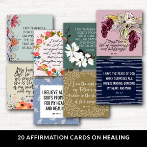 May include: Twenty affirmation cards with floral designs and inspirational quotes about healing. Each card features a different quote from the Bible, such as "I am the apple of my Father's eye, hidden in the shadow of His wings." and "My hope is in God: for I yet praise Him, who is the strength of my countenance and my God."
