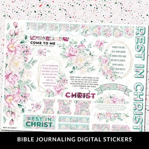 May include: Digital stickers for bible journaling with floral designs and bible verses. The stickers feature pink and green flowers, gold accents, and the text "Rest in Christ", "Come to Me", and "These things I have spoken to you".
