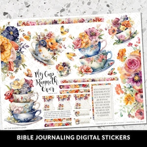 May include: Digital stickers for Bible journaling featuring watercolor illustrations of teacups overflowing with colorful flowers. The stickers include the phrase "My Cup Runneth Over" and the Bible verse Psalm 23:5.