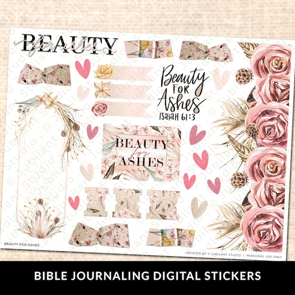 Beauty for Ashes Bible Journaling Stickers Printable, Isaiah 61:3, Christian Faith, Bible Study, Planner, Bible Stickers, Instant Download