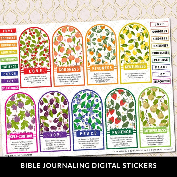 The Fruit of the Spirit,  Bible Journaling Stickers Printable, Christian Faith, Bible Study, Planner, Bible Stickers, Holy Spirit, Love