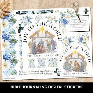 May include: Digital stickers for Bible journaling featuring a watercolor illustration of the nativity scene with the text "Joy to the World" and "The Lord Has Come".