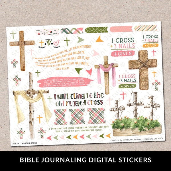 The Old Rugged Cross Easter Bible Journaling Printable Sticker Sheet, Journal Supplies, Bible Faith Art, Bible Stickers, Instant Download