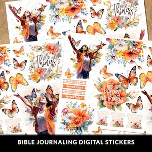 May include: Digital stickers for bible journaling featuring a watercolor floral design with butterflies and the phrase "He is before all things" in a gold frame.