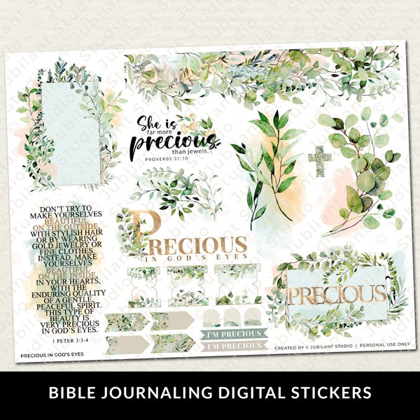 Precious In God’s Eyes Bible Journaling Stickers Printable, Faith, Bible Study, Journal, Planner, Digital Bible Stickers, Bible Tabs, 300DPI