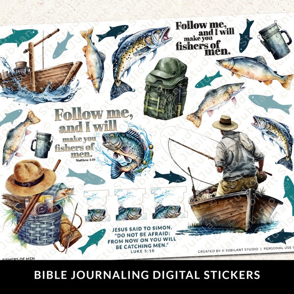 Fishers of Men Bible Journaling Printable Sticker Sheet, Journal Supplies, Stickers, Bible Faith Art, Faith Planner, Bible Stickers, 300DPI