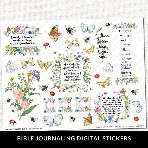 Where Flowers Bloom So Does Hope Bible Journaling Stickers Printable, Faith, Bible Study, Planner, Bible Stickers, Instant Download, 300DPI