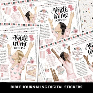 May include: Digital stickers for Bible journaling with illustrations of women, floral designs, and the text "Abide in Me" from John 15:4. The stickers feature a soft colour palette with pinks, greens, and whites.