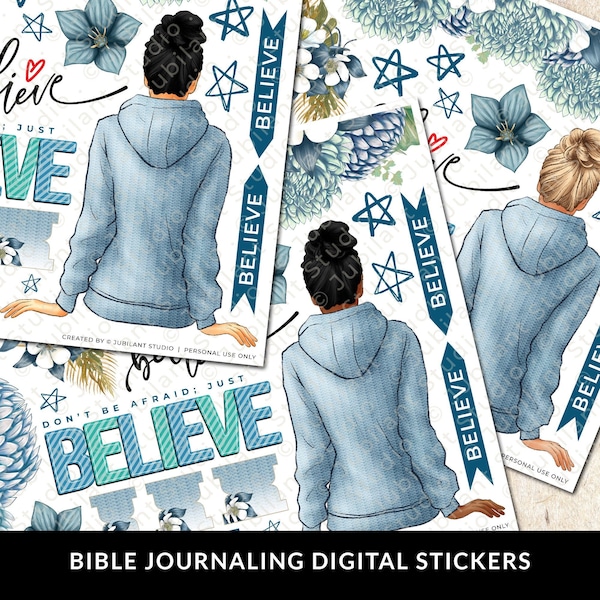 Just Believe Bible Journaling Stickers Printable, Diversity, Christian Faith, Bible Study, Planner, Stickers, Margin Art, Instant Download