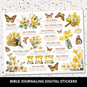 Könnte beinhalten: Ein Bogen mit digitalen Aufklebern für das Bibeljournaling mit Blumenarrangements, Schmetterlingen und Text. Die Aufkleber enthalten Sätze wie "Jesus im Gehorsam" und "Jesus in Beziehungen" mit gelben und weißen Blumen und orangefarbenen Schmetterlingen.