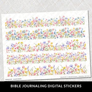 May include: Digital stickers for Bible journaling with watercolour wildflower designs. The stickers feature colourful floral borders in shades of pink, yellow, blue, and purple. The text at the bottom reads "BIBLE JOURNALING DIGITAL STICKERS".