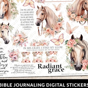 May include: Digital stickers for Bible journaling featuring watercolor illustrations of horses, butterflies, and floral arrangements in soft pastel colors. Includes inspirational quotes and the words "Radiant Grace".