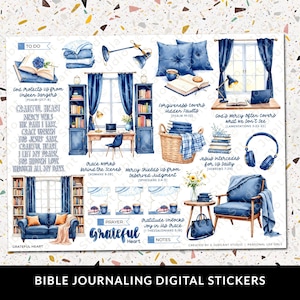 May include: Digital sticker sheet featuring watercolor illustrations of a cozy home office and Bible journaling elements. Includes images of bookshelves, a desk, a sofa, and inspirational quotes. The text "Bible Journaling Digital Stickers" is at the bottom.