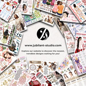 Może przedstawiać: Kolaż kolorowych, cyfrowych ilustracji o tematyce religijnej, w tym obrazy ludzi, kwiat&oacute;w i krzyży. Tekst "www.jubilant-studio.com" jest wyświetlany w środku obrazu, wraz z tekstem "Odkryj na naszej stronie internetowej najnowsze i najmodniejsze wzory, kt&oacute;re na Ciebie czekają!"