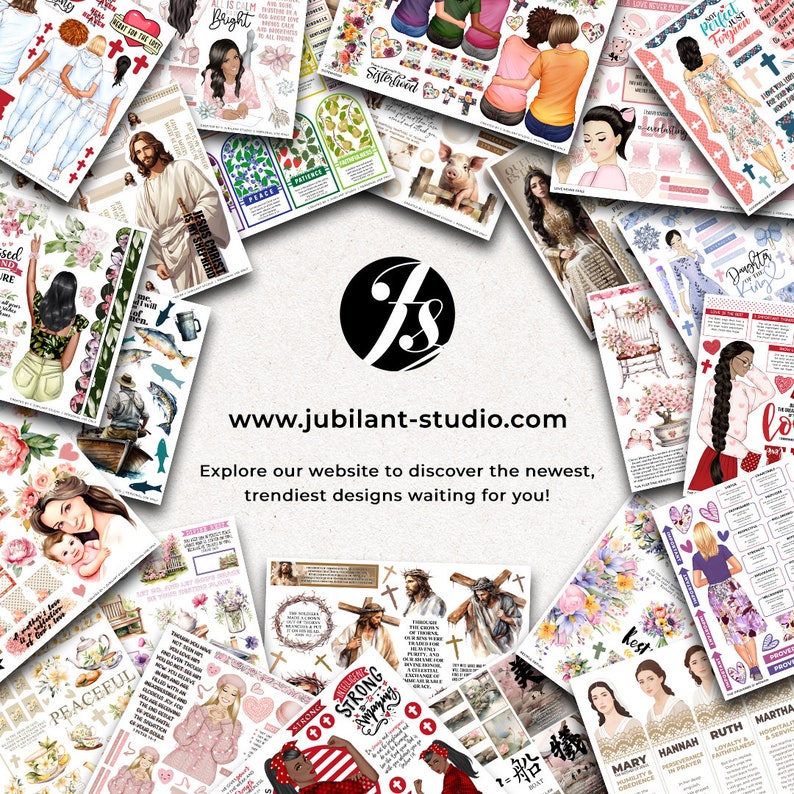 Może przedstawiać: Kolaż kolorowych, cyfrowych ilustracji o tematyce religijnej, w tym obrazy ludzi, kwiat&oacute;w i krzyży. Tekst "www.jubilant-studio.com" jest wyświetlany w środku obrazu, wraz z tekstem "Odkryj na naszej stronie internetowej najnowsze i najmodniejsze wzory, kt&oacute;re na Ciebie czekają!"
