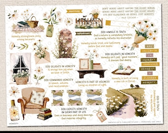 May include: A sheet of Bible journaling digital stickers with various watercolor illustrations and text. The design includes daisies, a bicycle, a brick wall, and quotes about honesty and faith. The words "Honesty" and "God is Truth" are visible.