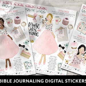 Może przedstawiać: Cyfrowe naklejki do dziennika biblijnego z ilustracjami kobiet w kwiatowych sukienkach, z elementami dekoracyjnymi takimi jak babeczki, kokardy i kubki do kawy. Naklejki zawierają teksty takie jak "Praise His Name" i "Joyful Praise".