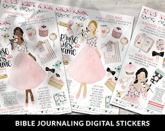May include: Bible journaling digital stickers featuring illustrations of women in floral dresses, with decorative elements like cupcakes, bows, and coffee mugs. The stickers have text like "Praise His Name" and "Joyful Praise".