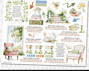 May include: Digital sticker sheet for Bible journaling, featuring watercolor illustrations of luggage, a teacup, and floral elements. Includes inspirational quotes and phrases. The text at the bottom reads "BIBLE JOURNALING DIGITAL STICKERS".