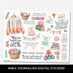 May include: A digital sticker sheet featuring illustrations of pastel-colored yarn balls, kittens, a puppy, a sweater on a hanger, books, and religious text. The graphics include baskets of yarn, bunting banners, and floral accents in a soft color palette.