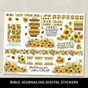 May include: Digital sticker sheet featuring yellow sunflowers, bees, and inspirational quotes. The sheet includes various sticker designs for Bible journaling, with phrases like "Turning toward God" and "Stand tall in joy."