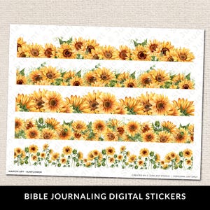 May include: Digital stickers with watercolour illustrations of sunflowers in horizontal strips. The stickers include the text "MARGIN ART - SUNFLOWER" and "BIBLE JOURNALING DIGITAL STICKERS". The design is for personal use. The sunflowers are yellow and green.
