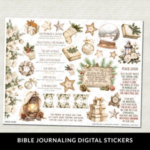 以下が含まれることがあります： 聖書ジャーナリング用のデジタルステッカー。クリスマスをテーマにしたイラストが特徴です。「Peace Given」や聖書の詩など、スノーグローブ、ギフト、星、テキストが含まれています。ステッカーはソフトでニュートラルな色です。