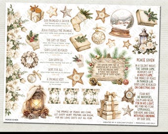 Adesivi stampabili per il diario biblico Peace Given, Natale, fede cristiana, arte a margine, nota di preghiera, studio della Bibbia, pianificatore, culto, schede