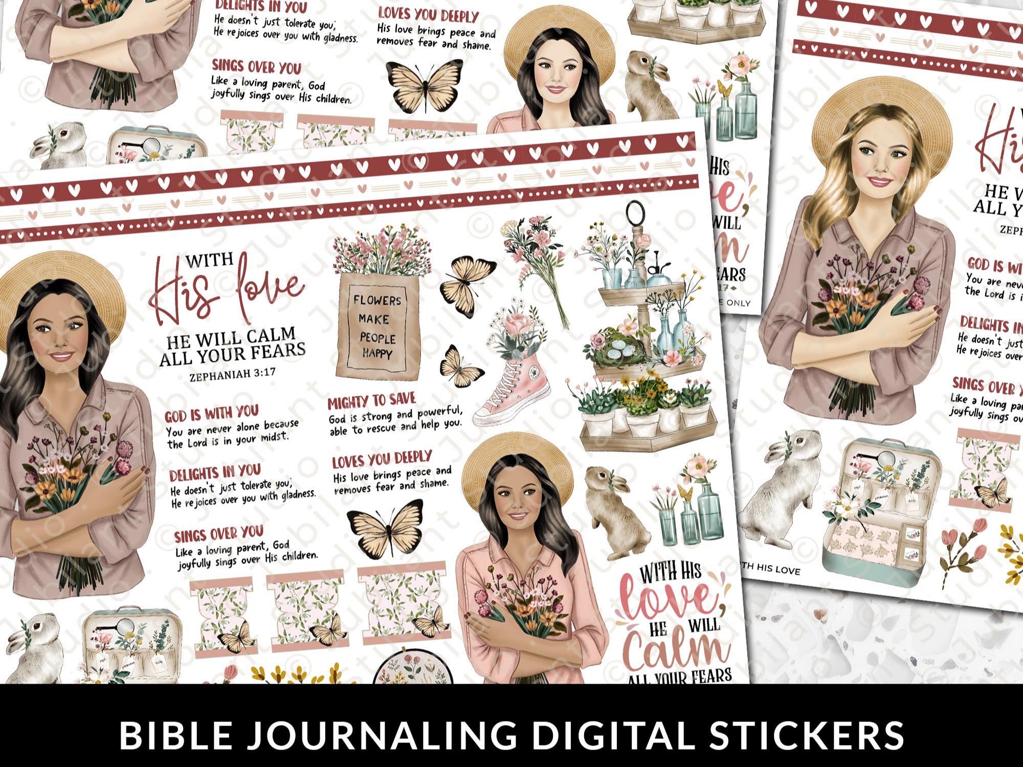 Pegatinas imprimibles para diario bíblico "Con su amor", fe cristiana, estudio bíblico, planificador, pegatinas de Jesús, arte de margen, pestañas bíblicas, fe