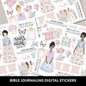 Puede incluir: Una colección de pegatinas digitales con ilustraciones de mujeres con vestidos florales, mariposas, ramos y portapapeles. Las pegatinas incluyen textos religiosos como Never alone, God is with us in every challenge y Joshua 1:5.