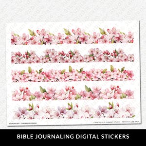 May include: Digital stickers with watercolour cherry blossom borders in pink and green. The stickers are designed for Bible journaling and include the text "MARGIN ART - CHERRY BLOSSOM" and "BIBLE JOURNALING DIGITAL STICKERS".