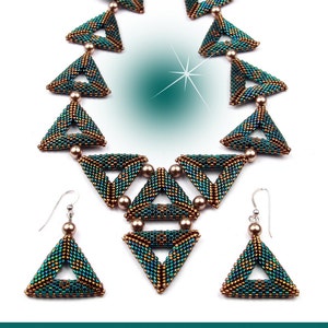 May include: A teal and gold beaded necklace and matching earrings. The necklace is made of triangular beads and has a teardrop shape. The earrings are also triangular and dangle from silver hooks.