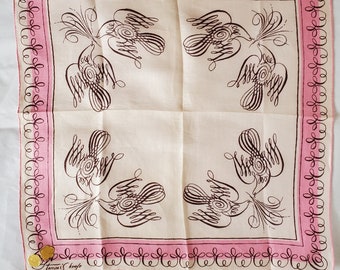 Vintage Signed Tammis Keefe Linen MCM Handkerchief Decorated with Birds with Original Foil Tags