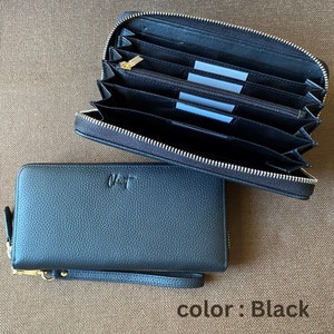 Cartera de sobre en efectivo, cartera de viaje con bloqueo RFID, cartera de cuero para mujer, cartera de cuero de pulsera, cartera de caja de teléfono, regalo para ella (negro)