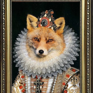 Fox vintage stijl portret, dieren kunst aan de muur print - Royal Regal Victoriaanse London fox Queen schilderij stijl portret gouden lijst of niet ingelijst