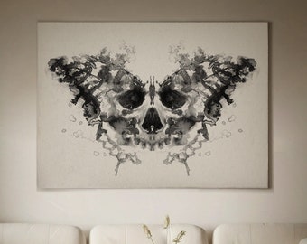 Memento Mori Abstract Painting Print Large Beige Wabi Sabi Wall Art Canvas Painting Neutral Wall Decor Skull Butterfly Rorschach Test ink