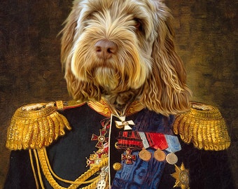 May include: A portrait of a dog dressed in a military uniform with gold trim and medals. The dog has brown fur and is wearing a blue sash.
