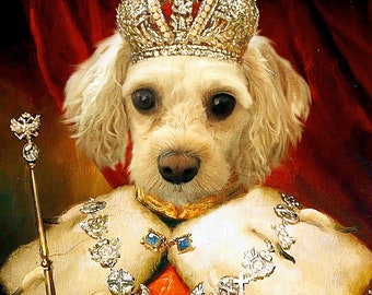 May include: A white dog wearing a gold crown with red jewels, a gold chain with blue jewels, and a gold and red sash. The dog is holding a gold orb with jewels.