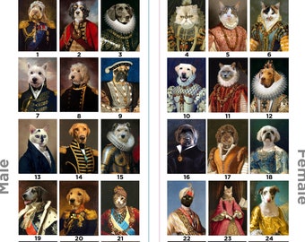 May include: A collage of 36 images featuring dogs and cats dressed in royal attire. The images are arranged in a grid with the word "Male" on the left and "Female" on the right. Each image is numbered from 1 to 36.